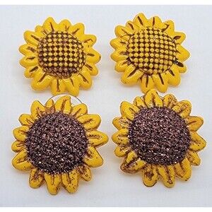 Sunflower Earrings Set 2 Acrylic Glitter Button Gold Tone Pierced Posts Vintage